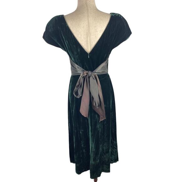 Vintage 80s 90s Donna Ricco Emerald Green Velvet Midi Dress Tie Waist Women's 8 - Picture 2 of 15